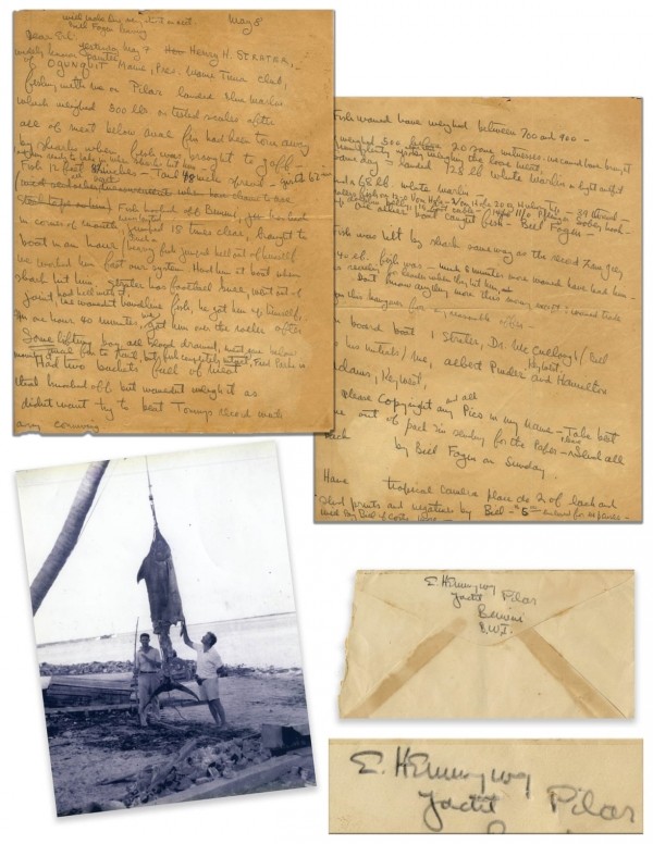 Двухстраничное письмо Хемингуэя в редакцию с фотографией марлина 1935 года