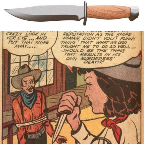 Нож-боуи (вверху). Джин Терри расправляется со второй жертвой (внизу) (Crimes by Women №10, 1940)