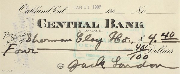 Подпись Джека Лондона на банковском чеке Центрального банка Окленда, штата Калифорния