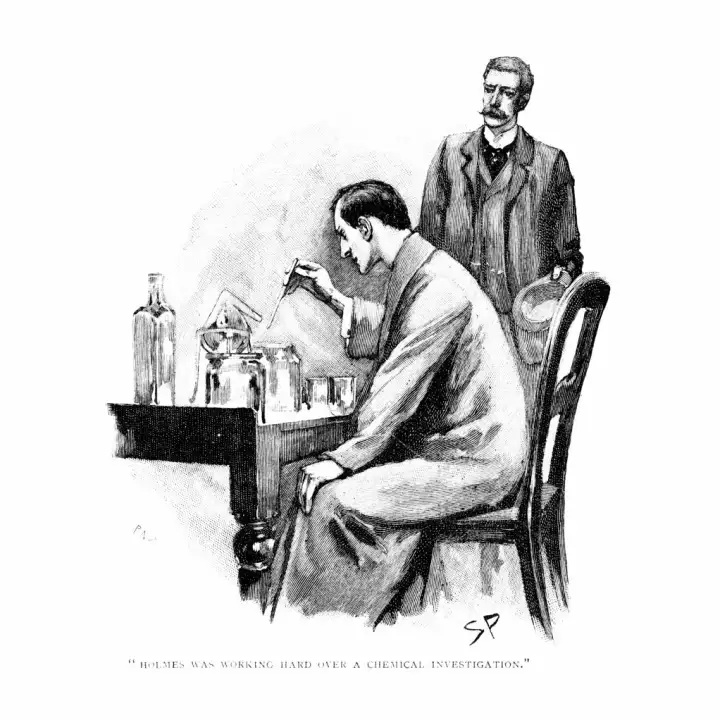 Шерлок Холмс проводит химическое исследование. / Heritage Images/GettyImages