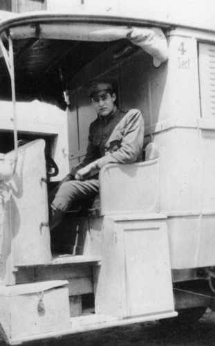 Ernest Hemingway in an ambulance of the Red Cross in Italy, ca.1910s