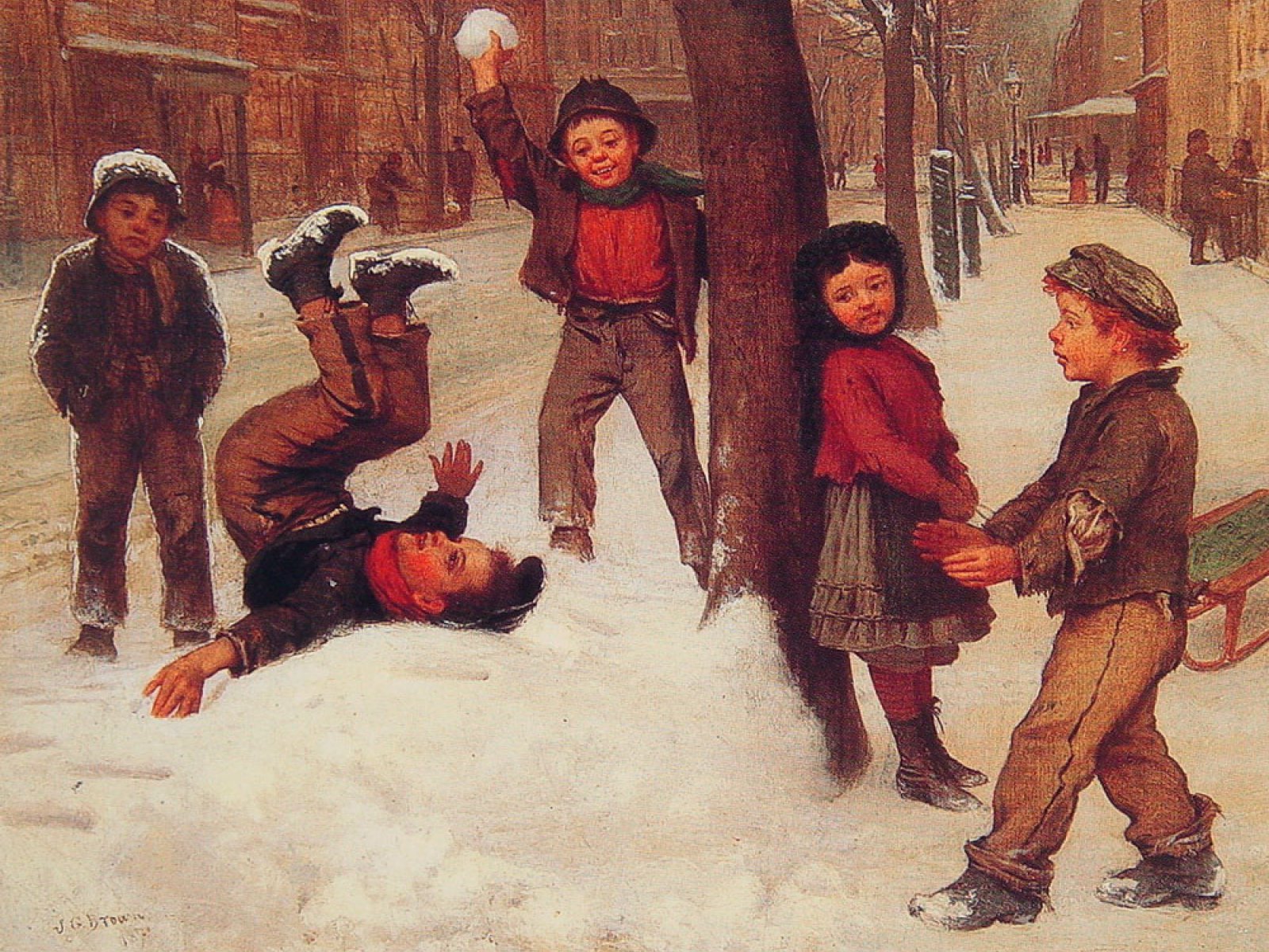 Песня тащу открытку. Джон Джордж Браун (1831-1913). Джон Браун зимние игры. Джон Джордж Браун художник. Игра в снежки живопись.