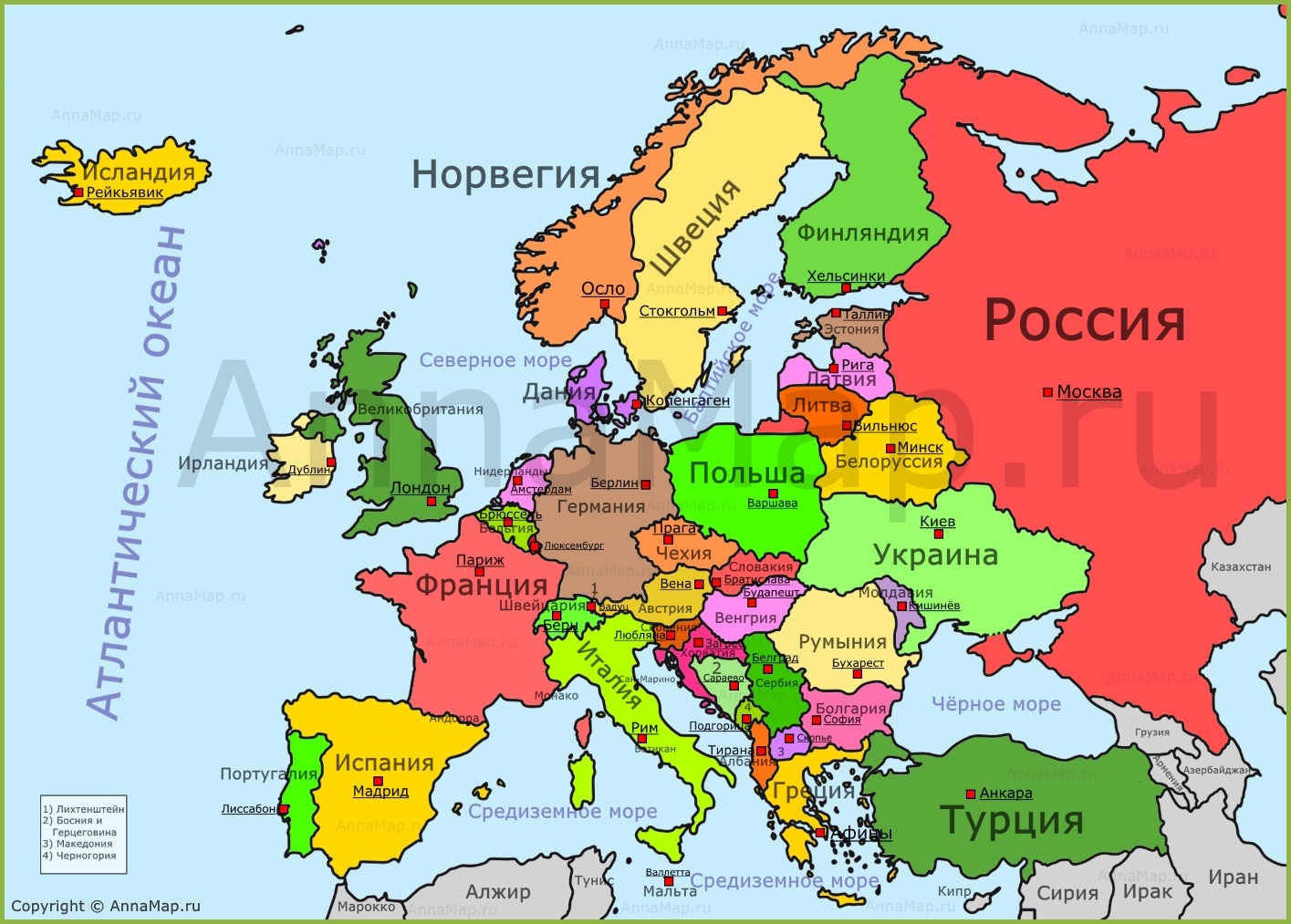 Карта зарубежной Европы государства и столицы