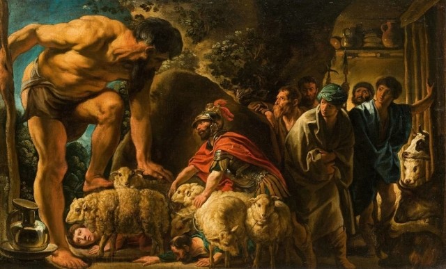 Одиссей и его спутники покидают пещеру циклопа