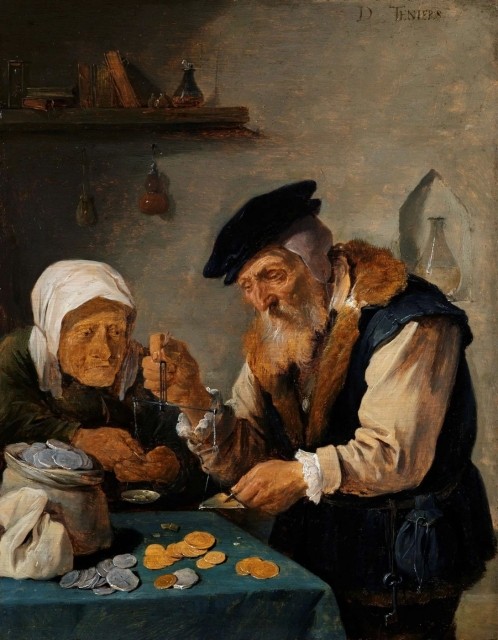 Давид Теннер Младший. Аллегория жадности - старики, взвешивающие деньги (1660)