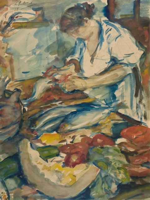 «Лидия Пастернак чистит рыбу». Акварель и мел поверх карандаша, 1924 год (частное собрание).