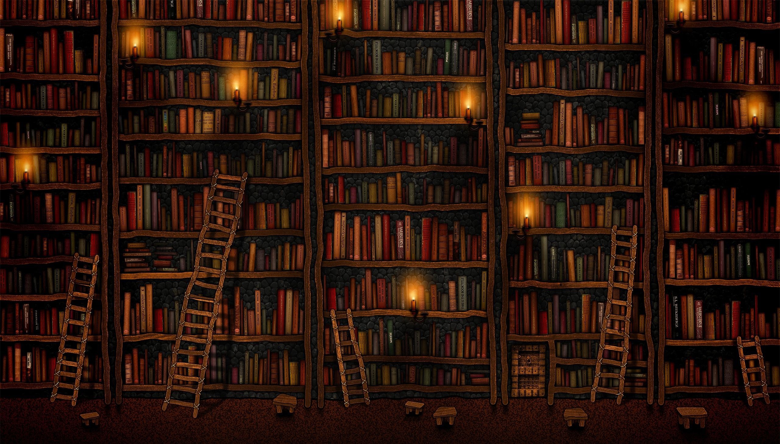 Темные ряды книжных шкафов