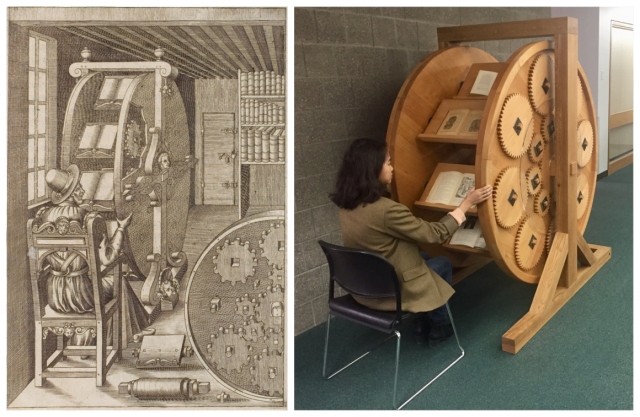 Иллюстрация из книги Рамелли «Различные и искусные машины» 1588 год (слева). Построенное 600-ти футовое книжное колесо c книгами (справа). PUBLIC DOMAIN; MIREYA SALINAS